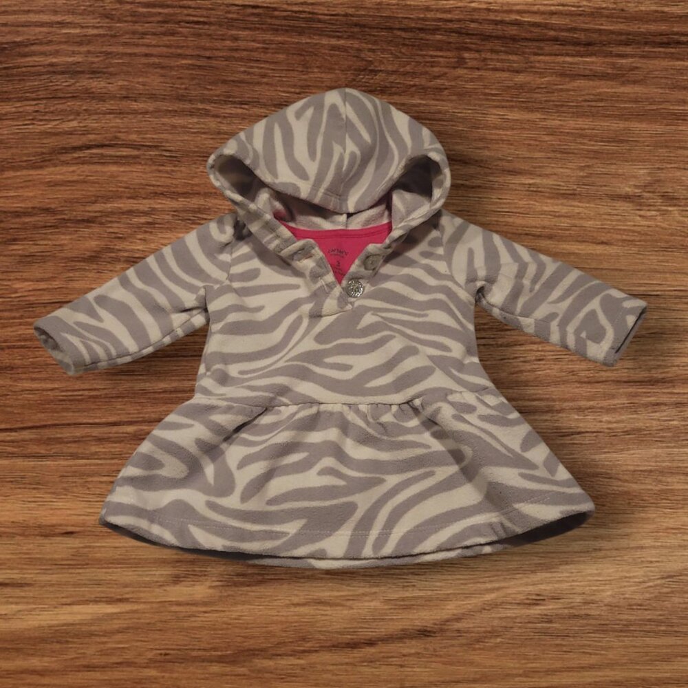 Carter’s Girls Zebra Print Hooded Fleece Pullover Hoodie 3M Gray White